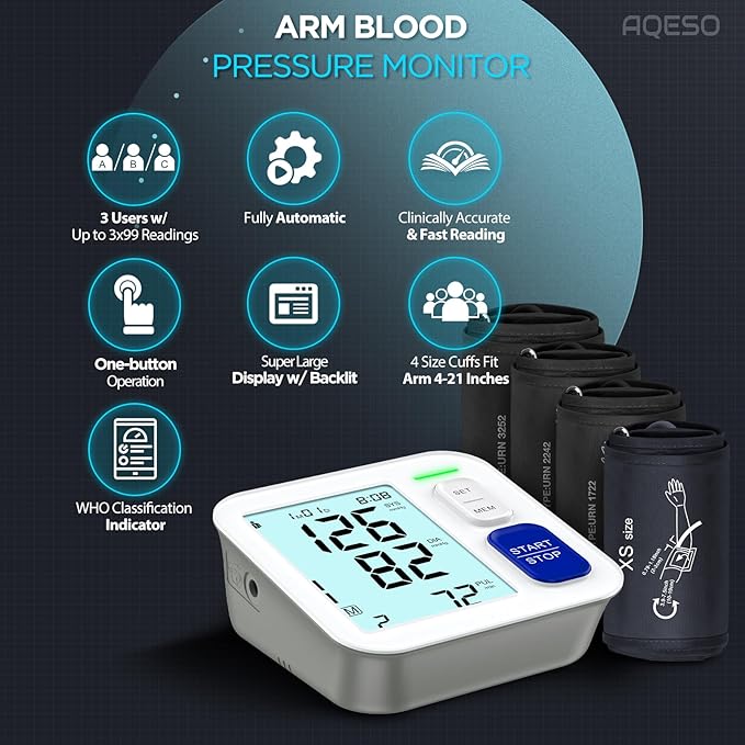 Blood Pressure Machine Upper Arm, 4 Size Cuffs Included, XS 4"-7.5", Small 7"-9", Medium 9"-17" and Extra Large XL Cuff 13"-21", Accurate Automatic Digital BP Monitor Home Use, Large Backlit LCD
