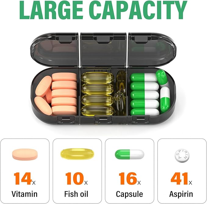 Weekly Pill Organizer 3 Times a Day, 7 Day Portable Pill Box for Pills, Vitamins, Fish Oil, Medication, Supplements (3x7 Black)