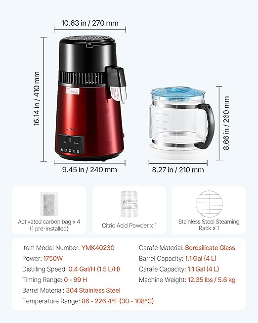 VEVOR 1750W Water Distiller, 0.4Gal/H Distilled Water Maker with Glass Carafe, 4L/1.1Gal Countertop Distiller Machine, 0-99H Time Temp Dual Display, Anti-dry Design 304 Stainless Steel Still, Wine Red