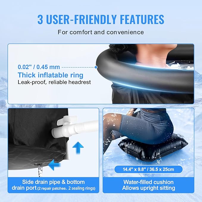 VEVOR Ice Bath Tub, Cold Water Therapy Plunge Tub for Athlete, Portable Outdoor Ice Barrel Plunge Pool for Recovery, 98 Gal Inflatable Folding Bathtub with Cover, Home Ice Pod for Adult, 35.4"Lx30"H