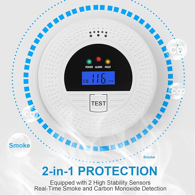 2-Pack, Smoke Alarm and Carbon Monoxide Detector, Carbon Monoxide and Smoke Detectors with LCD Display, Battery Powered, Easy to Install