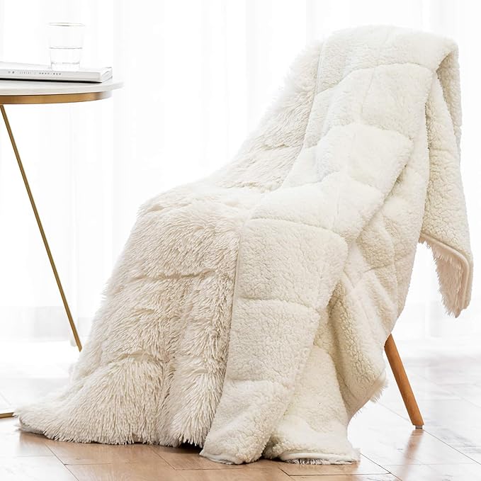 Wemore Shaggy Long Fur Faux Fur Weighted Blanket, Cozy and Fluffy Plush Sherpa Long Hair Blanket for Adult 20lbs, Fluffy Fuzzy Sherpa Reverse Heavy Blanket for Bed, Couch, Cream White, 60 x 80 Inches