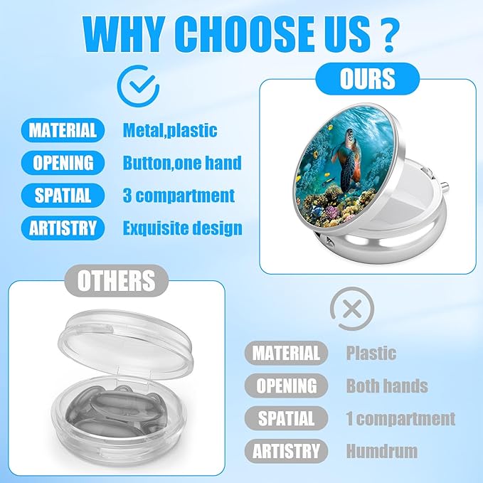 Sea Turtle Pill Case, Pill Box 3 Compartments Metal Small Pill Holder with Mirror Mini Travel Pill Container for Purse Pocket Women Men
