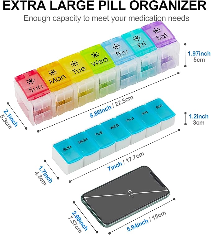 XL Large AM/PM Weekly Pill Organizer Arthritis Friendly, 2 Times a Day Pill Box with Spring Open Design, 7 Day Vitamin Case with Push Button Compartments