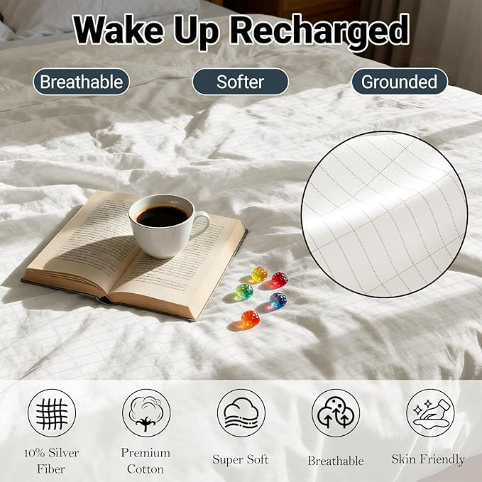 Grounding Sheets King,90% Cotton 10% Silver Fiber,Grounded Bed Sheet, Deep Pocket Grounded Bed Sheet, Improve Sleep (King)