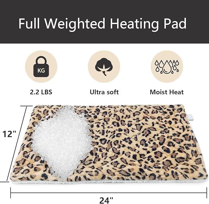 Full Weighted Electric Heating Pad for Back Pain & Period Cramps Relief, Heat Pad with 12 Heat Settings, Plush 2.3LB Hot Weighted Heated Pad (Leopard Print, 12''×24'' BZ Brown)