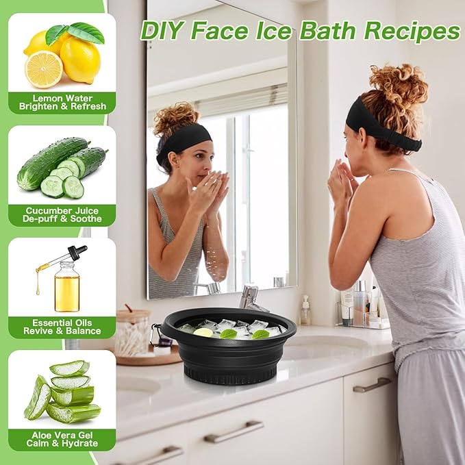 KROYWEN Face Bowl for Ice with Built-in Icetray, Portable Foldable Silicone Ice Facial Bowl, for Home Ice Bath Facial,| BPA-Free | for Men and Women (with A Free Hook 2-pic)