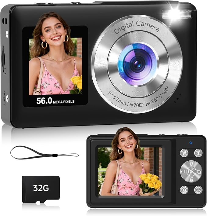 Digital Camera,56MP Dual-Screen Point and Shoot Camera with Auto Focus,Smile Capture,Anti-Shake,16X Zoom,32GB SD Card Travel Camera Gift for Boys Girls Teens