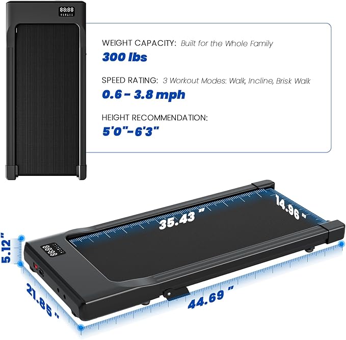 DeerRun Under Desk Walking Pad Treadmill for Home & Office, 6% Manual Incline, 2.5 HP, 0.6–3.8 MPH Walking Speed, 300 lb Capacity, App & Remote Control