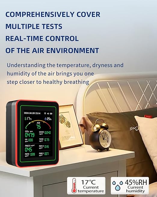WiFi Air Quality Monitor,15-in-1 Smart Air Quality Tester with PM, CO2, CO, TVOC, HCHO, PM, AQI, Temperature & Humidity, Timer, Battery Powered, for Home & Office，Compatible Tuya/Smart Life App