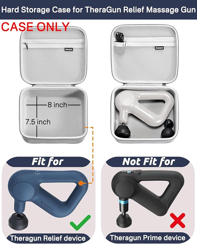 RAIACE Massage Gun Case, Hard Travel Storage Case Compatible with TheraGun Relief Percussion Massage Gun Device, Carrying Bag with Mesh Pocket for Cables and Other Accessories. (Case Only) - Gray