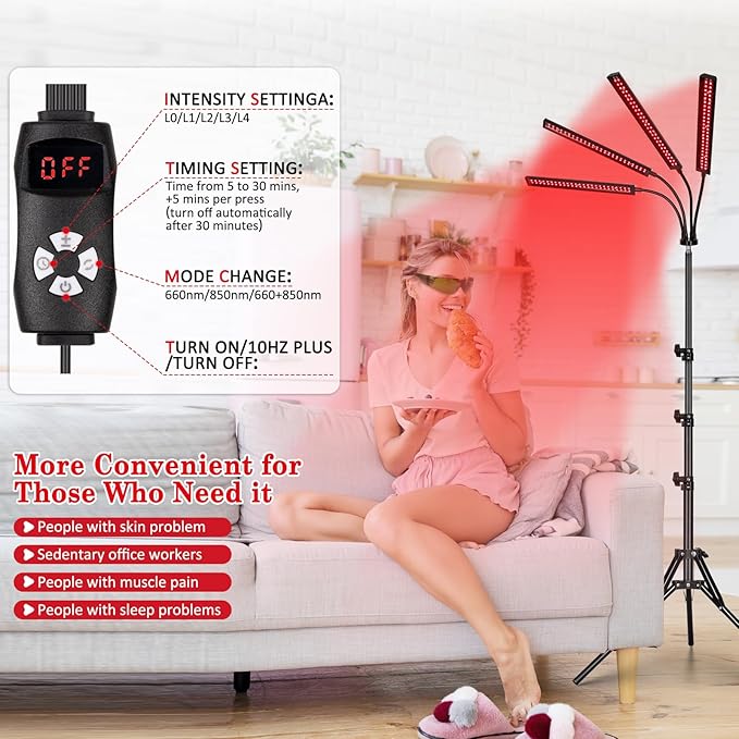 SAVILER® Red Light Therapy with 4 Heads, 3-in-1 Chip Infrared Light Therapy Device, Adjustable Stand, 660nm Red Light and 850nm Near Infrared Light for Face, Body, Pain,Skin, Home Use