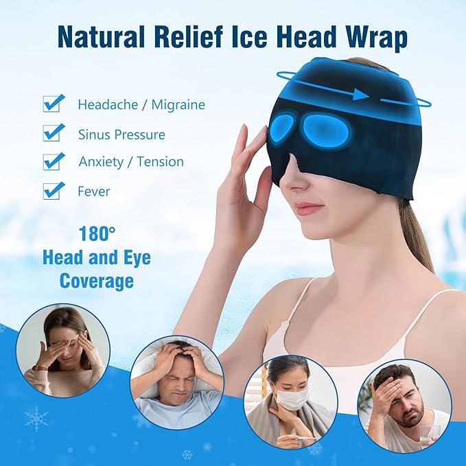 Migraine Relief Cap, Odorless Headache Relief Hat with Hot and Cold Therapy, Odorless Migraine Ice Head Wrap Cold Compress for Tension Relief, Sinus & Stress (180° Gel Coverage)