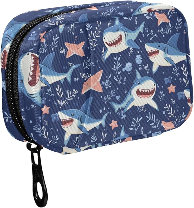 Fustylead Cute Cartoon Sharks and Seaweed Travel Pill Organizer Case Zipper for Purse with Removable Weekly Pill Box for Medicine, Vitamin, Supplement Medicine Organizer