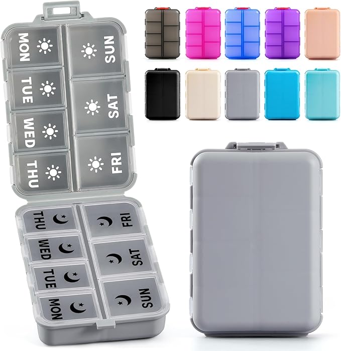 Foldable & Portable Weekly Pill Organizer 2 Times a Day with Clear Printed Labels - 7 Day AM PM Medicine Box, Week Daily Travel Pill Meds Case Holder for Medications, Vitamin, Supplement - Grey