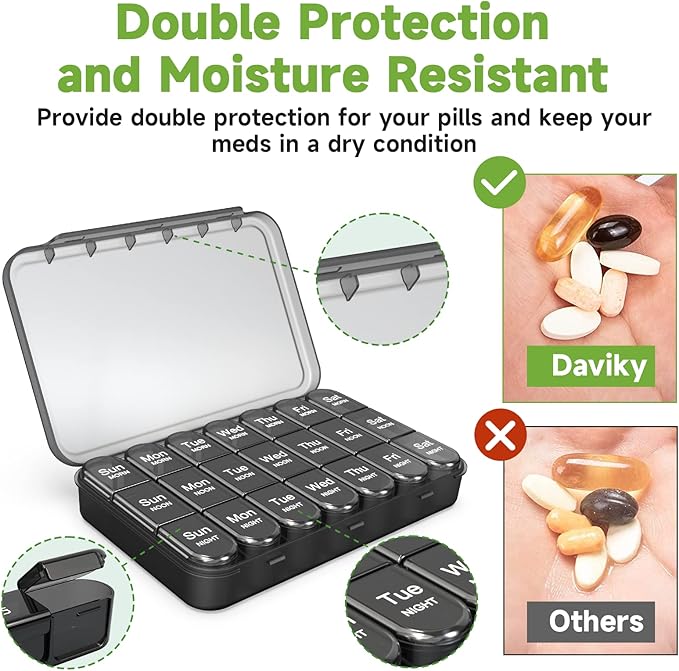 Daviky Pill Organizer 3X a Day, Weekly Pill Box 7 Day, Travel Pill Case with Large Containers, Light-Proof Pill Case for Vitamins, Medication, Supplements and Fish Oils (Black)