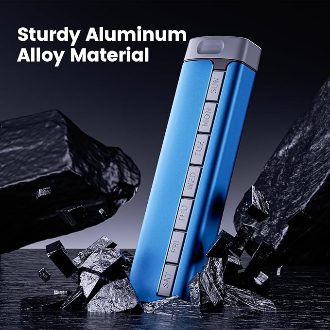 Daviky Metal Travel Pill Organizer, Premium Aluminum Pill Box 7 Day, Weekly Daily Pill Case, Stylish&Cute Pill Holder for Medicines, Supplements and Vitamins (Blue+Gray)