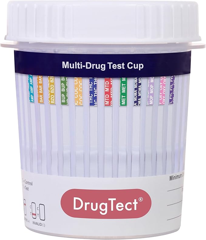 DrugTect Multi-Drug Test Cup | 25 Pack | 12 Panel CLIA Waived Marijuana Fentanyl Urine Drug Test Cup for AMP,BAR,BUP,BZO,COC,FYL,MDMA,MET,MOP|OPI,MTD,OXY,THC (25)