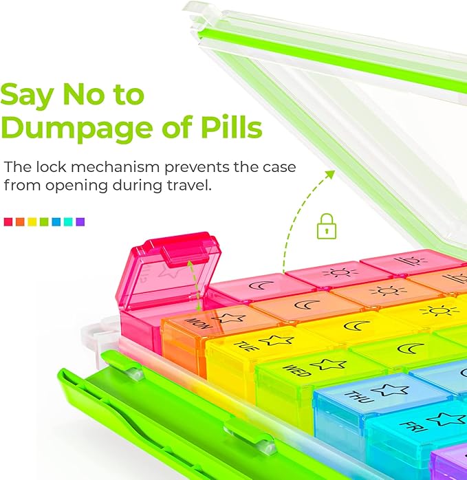 AUVON iMedassist Moisture-Proof Weekly Pill Organizer 4 Times a Day, Large 7 Day Pill Box Case with Portable Design for Travel, Removable Individual Containers Hold Vitamins, Supplements, Medications