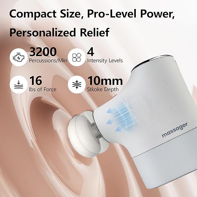 Mini Massage Gun Pro – Portable Deep Tissue Percussion Massager with Smart Pressure Sensor, Quiet Motor, Muscle Relaxation for Neck, Back & Legs, USB-C Rechargeable, White Color,with Lanyard