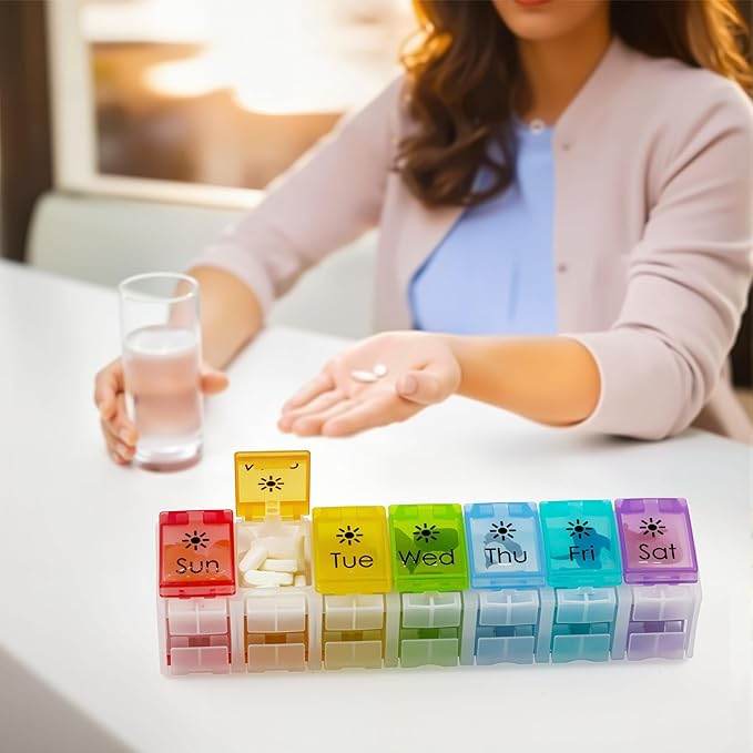 XL Large AM/PM Weekly Pill Organizer Arthritis Friendly, 2 Times a Day Pill Box with Spring Open Design, 7 Day Vitamin Case with Push Button Compartments (Clear)