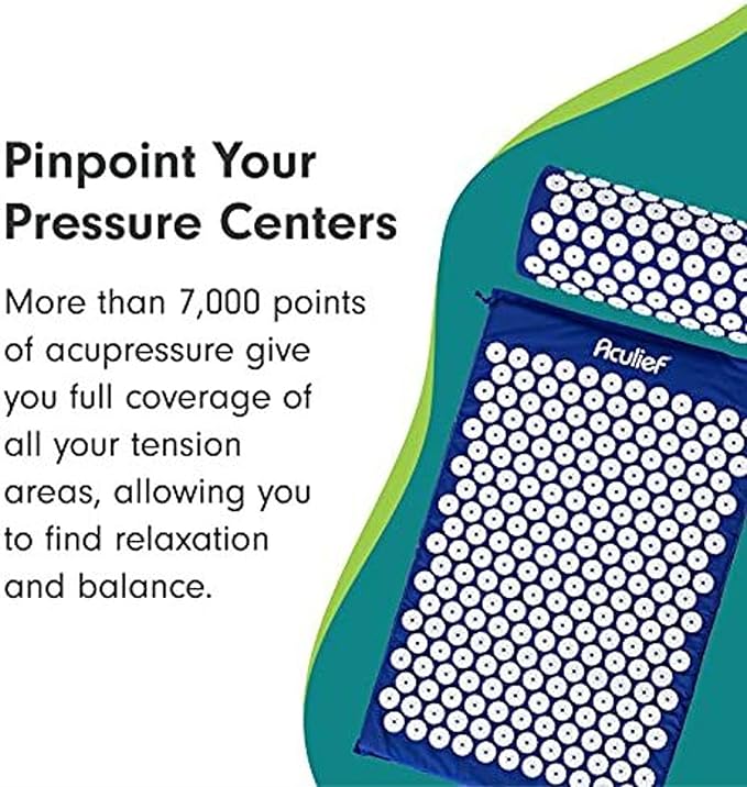 Aculief - Acupressure Mat and Pillow - Massage Mat Set - Stress and Pain Relief and Relaxation for Total Body Use - at Home and On-The-Go Use - 7000 Acupressure Points (Dark Blue)
