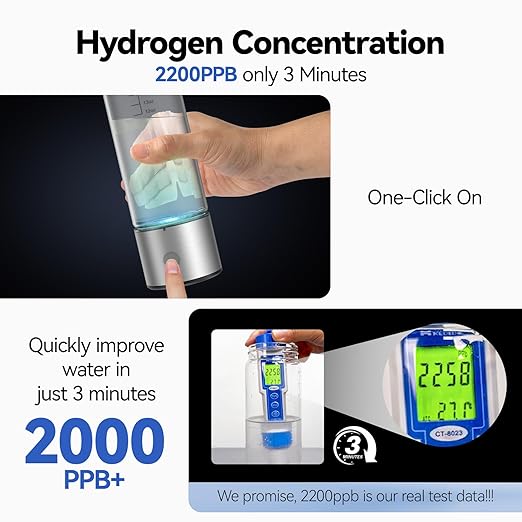 Hydrogen Water Bottle, 2200PPB in 3 Mins Hydrogen Water Generator, SPE PEM Technology, 14oz Portable Hydro Water Machine for Home, Travel, Gym | Best Health Gift for Family & Friends