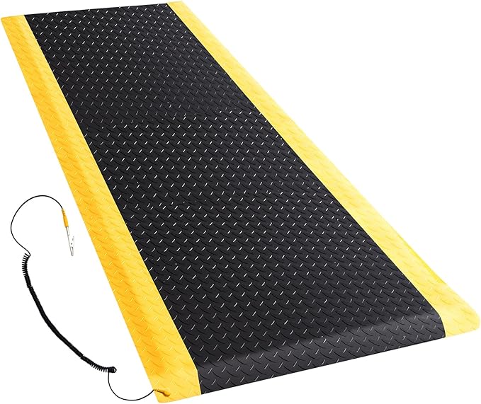 1 Pcs 2'x6' Anti Fatigue Mat Industrial, ESD Conductive Pad with Ground Wire, Heavy Duty Ergonomic Standing Floor Mat for Commercial Work, Shop Stand, Thick 3/4" Black with Yellow Border