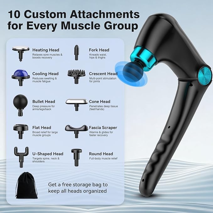 Deep Tissue Back Massagers with Heat & Cold Therapy, Folding Percussion Massage Gun for Women Men, 9 Speed Cordless Back Pain Relief Muscle Massager for Home Gym Office, 10 Heads