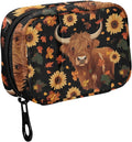 Fustylead Brown Highland Cow Sunflowers Pumpkins and Falling Leaves Pill Organizer Travel Bag, Small Portable Pill Case Cute for Vitamin Fish Oil Supplements Medicine Organizer with Zipper