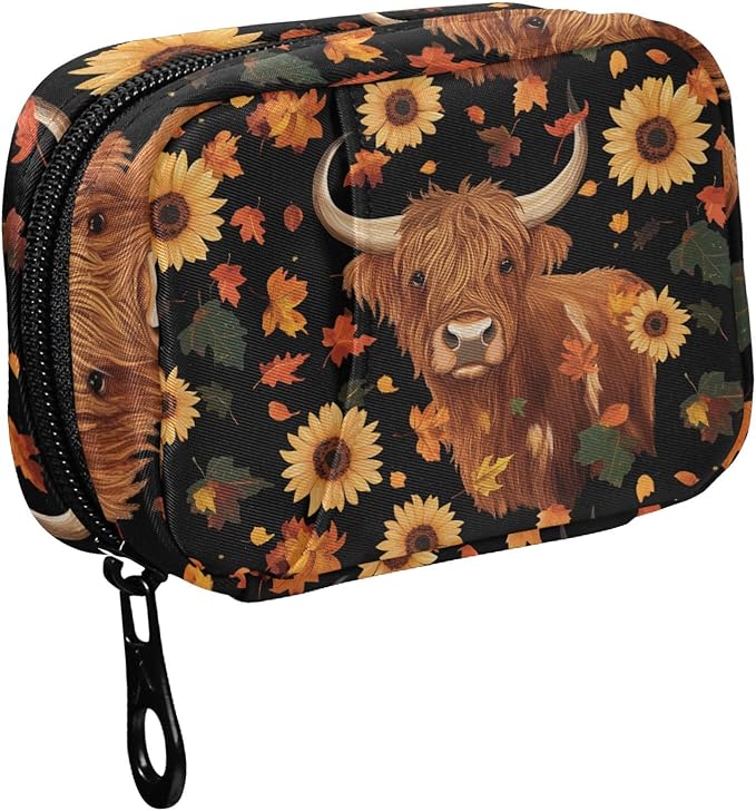 Fustylead Brown Highland Cow Sunflowers Pumpkins and Falling Leaves Pill Organizer Travel Bag, Small Portable Pill Case Cute for Vitamin Fish Oil Supplements Medicine Organizer with Zipper