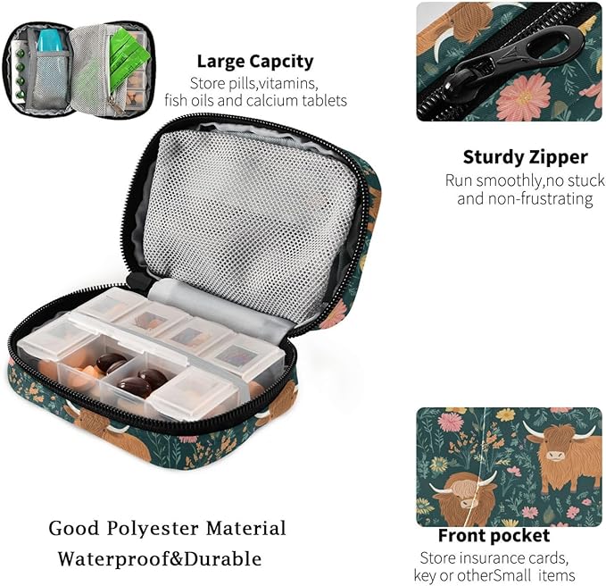 Fustylead Cute Shaggy Highland Cows on Meadow Pill Organizer Travel Bag, Small Portable Pill Case Cute for Vitamin Fish Oil Supplements Medicine Organizer with Zipper