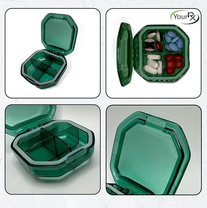 Travel Pill Organizer - Durable, Watertight Pill Case Travel Size with 4 Compartments - Compact Pill Travel Case for Vitamins, Supplements, Medicine - Travel Pill Container for Purse (Green)