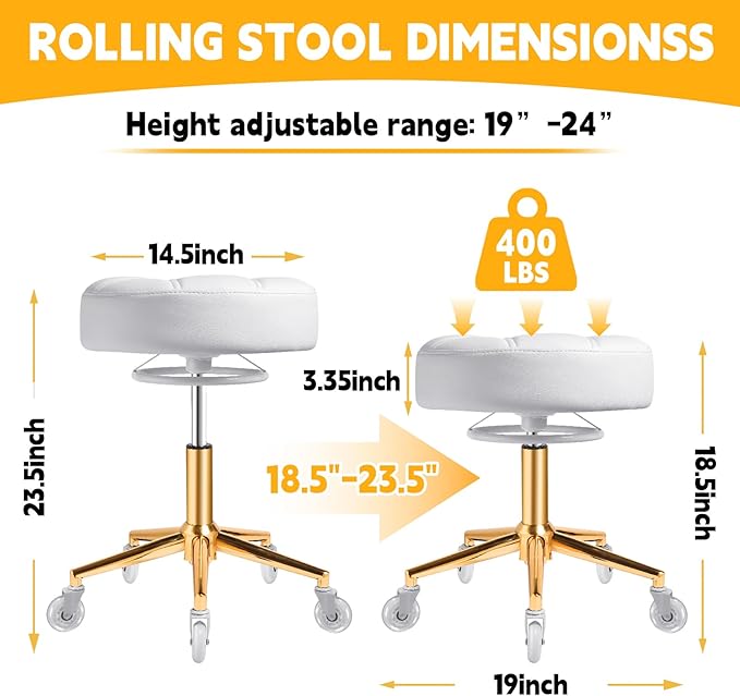 Rolling Stool Heavy Duty 450lbs - Reinforced with Golden Alloy Steel, Super Soft Thick Cushion, 360° Swivel, Smooth Rolling NO Noises, Adjustable Stool with Wheels for Massage Tattoo Spa, (White)