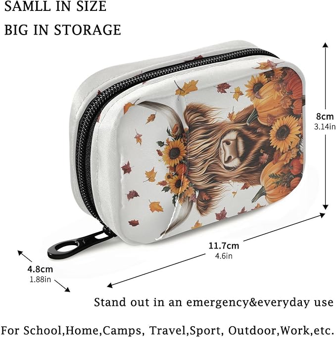 Fustylead Highland Cow Sunflowers Pumpkins and Falling Leaves Travel Pill Organizer Case Zipper for Purse with Removable Weekly Pill Box for Medicine, Vitamin, Supplement Medicine Organizer