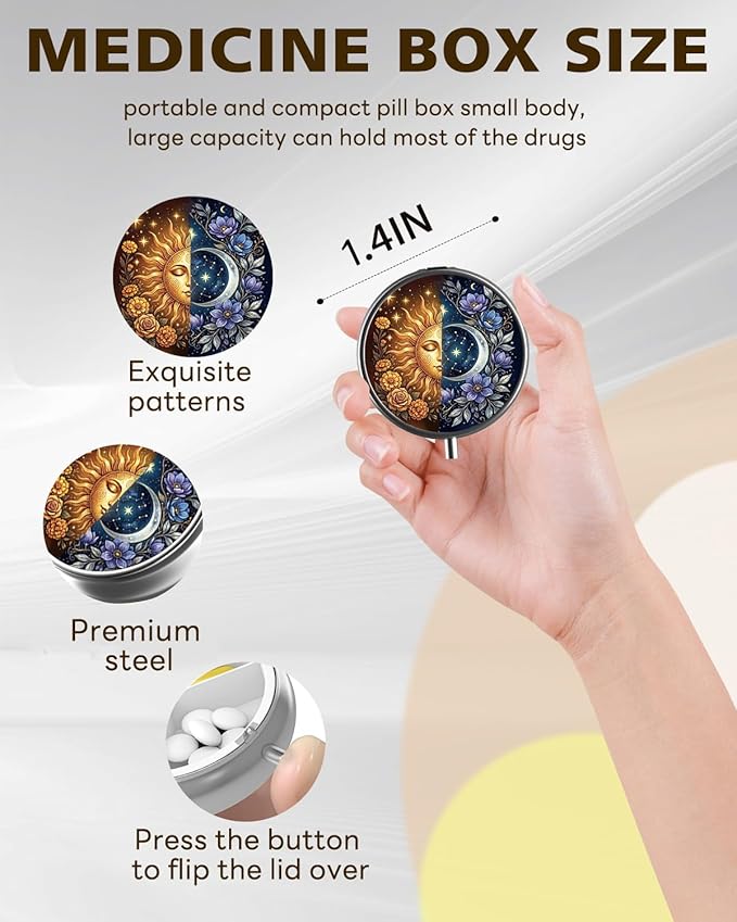 LRITER Pill Case, Portable Travel Pill Box, Pillbox Organizer, Cute Small Medicine Storage Container, Purse Accessories for Women, Men (Sun and Moon)