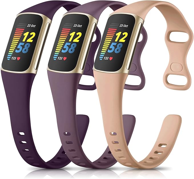 Maledan Slim Band Compatible with Fitbit Charge 5 Bands for Women Men, Durable Flexible Silicone Sport Wristband for Fitbit Charge 5/Charge 6 Fitness Tracker, 3 Pack Milk Tea/Smoke Violet/Midnight