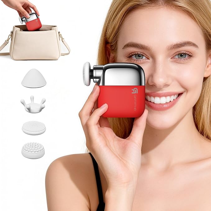 Mini Massage Gun, 0.4lb Ultra-Lightweight Pocket Sized Deep Tissue Percussion Muscle Massager, Portable Handheld Massage Gun for Travel, Gym, Office, 3 Speeds, 4 Heads, Red