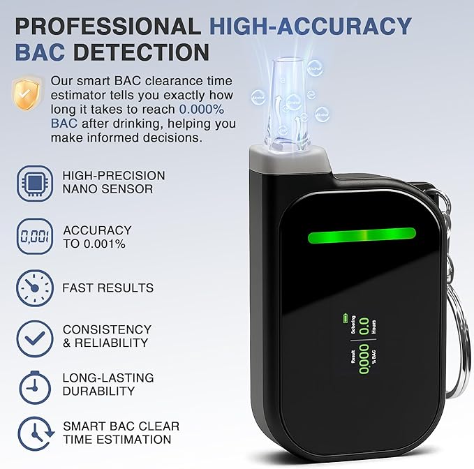 Portable Breathalyzers for Alcohol, Professional-Grade High Accuracy Alcohol Breathalyzer Tester Keychain, USB Rechargeable, 3-Color Warning & Sobriety Time Reminder, 10 Mouthpieces Included, Black
