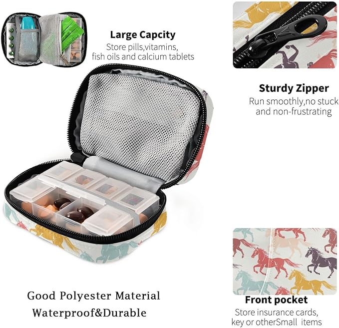 Fustylead Colorful Galloping Horses Silhouette Pill Organizer for Purse, Weekly Portable Pill Box with Zipper to Storage Vitamins Fish Oils Medications Supplements