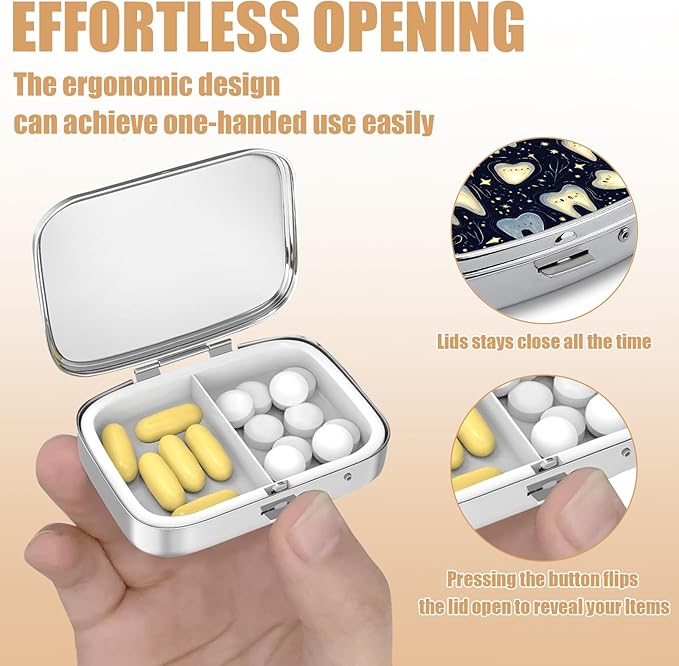 Pill Box-2 Compartment Small Pill Case Square Organizer Case with Mirror Portable Metal Medicine Box Travel Container for Pocket & Purse Women Men(Cute Teeth)