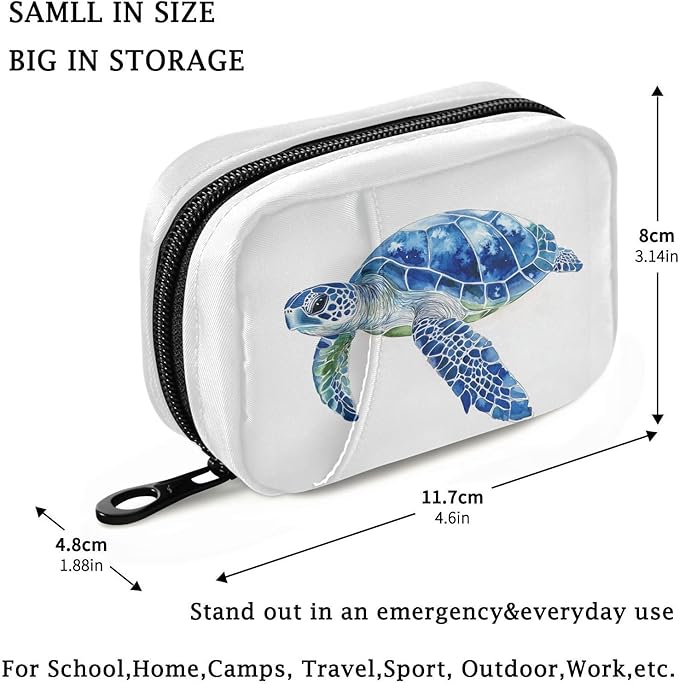Fustylead Watercolor Hand Draw Blue Sea Turtle Pill Organizers 2 Times A Day Pill Case Bag with Zipper Portable Weekly Pill Dispensers for Vitamin Supplement