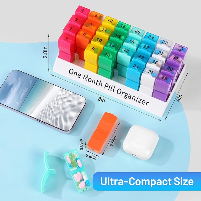 Monthly Pill Organizer 2 Times a Day, 30 Day Pill Box AM PM for Small Pill, 31 Day Vitamin & Medication Organizer with Removable Daily Compartments, DIY Number Labels, Portable Travel Pill Case