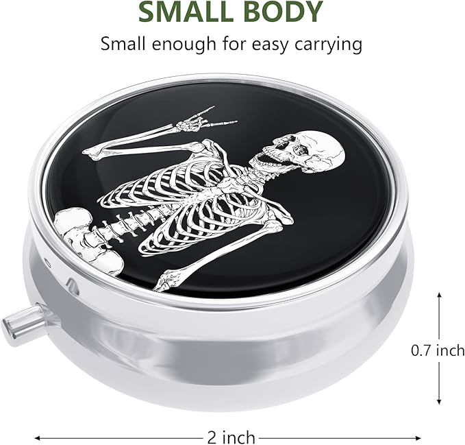 Nipichsha Pill Box, Small Pill Case for Purse & Pocket, Cute Travel Medicine Organizer, Portable Medicine Container Holder to Hold Vitamins, Medication, Fish Oil & Supplement, Human Skeleton