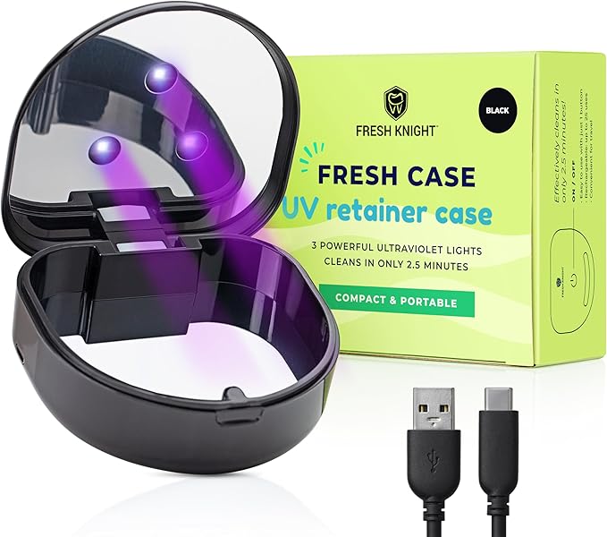 FRESH KNIGHT UV Retainer Case | UVC Retainer Cleaner, Disinfects Cleans and Removes Odors, Mouth Guard Case, compatible for Invisalign Container (Black-UV)