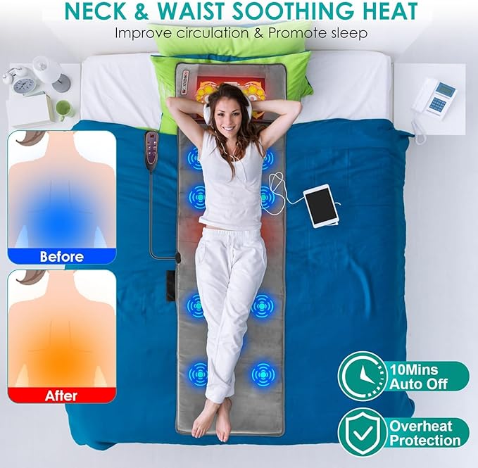 Full Body Massage Mat with Heat & Movable Shiatsu Neck Back Massager Pillow, Upgraded Massage Mattress Pad with 10 Vibration Motors,9 Massaging Mode,2 Heating Pad,for Back Neck Leg Pain Relief