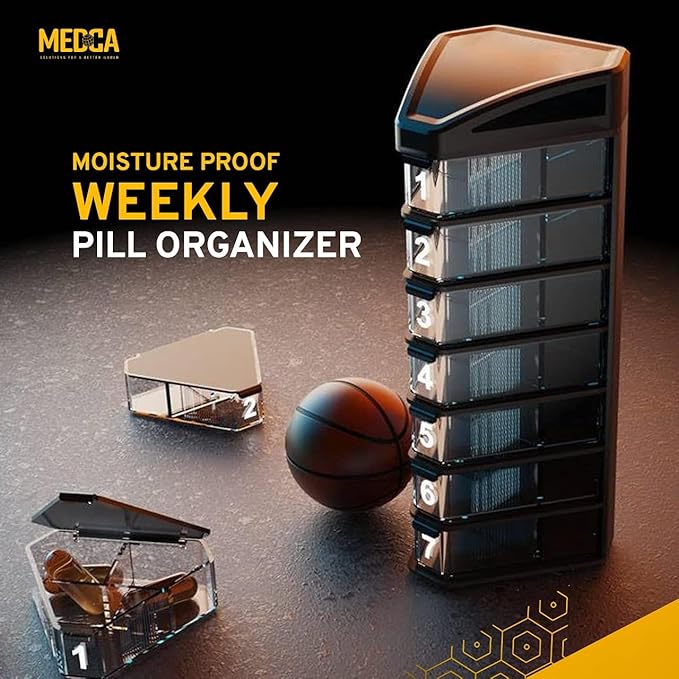 MEDCA Moisture Proof Weekly Stackable Pill Organizer - BPA Free, Weekly Pill Box Case with 3 Daily Compartments - Black Pill Box to Store Pills, Vitamins, Supplements
