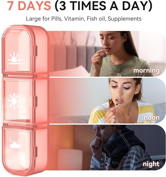 Pill Organizer 3 Times A Day, 7 Day Pill Box - GloDeals Weekly Pill Organizer, Portable Removable Daily Medicine Container Dispenser Case for Vitamin Fish Oil Supplement, Pink
