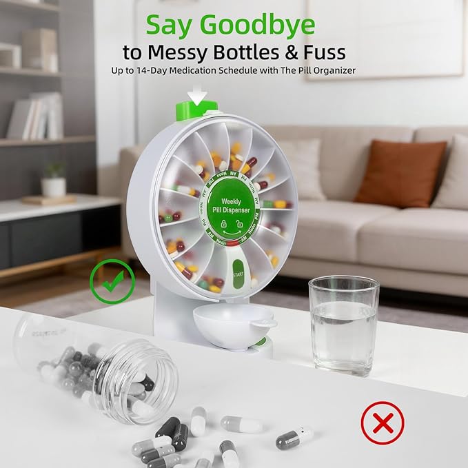 EziMedPil Pill Dispenser Daily, 14 Days Large Pill Organizer with One-Press Button, Standing Use or Wall-Mounted or Glass-Sticking Pill Container w/Med Cup, Weekly Pill Box for Vitamin,Medicine(Green)