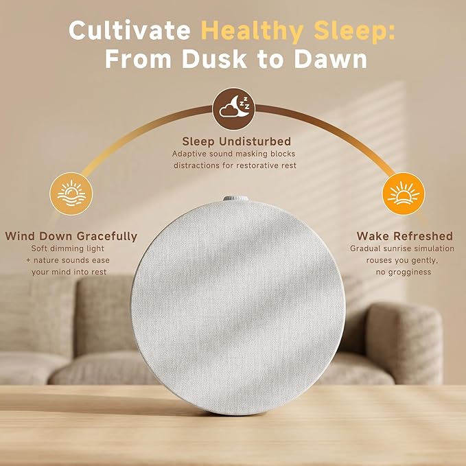 Sunrise Alarm Clock White Noise Machine | Natural Wake-Up Light for Bedroom with 30 Soothing Sleep Aids, Bluetooth Speaker, Dimmable Clock, Screen-Free Design for Baby Adults Kids-White